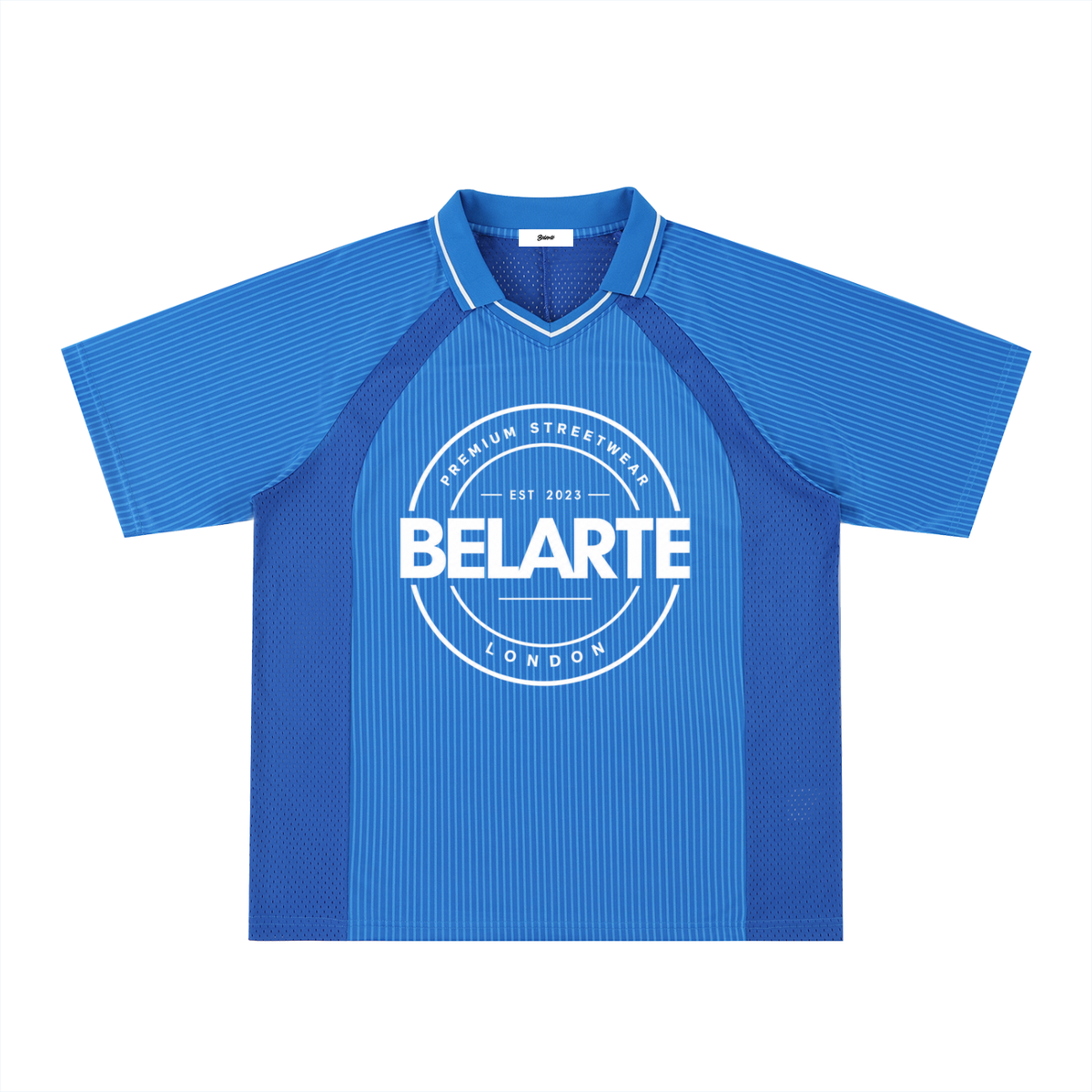 Belarté London striped soccer jersey — blue, front with circular white logo