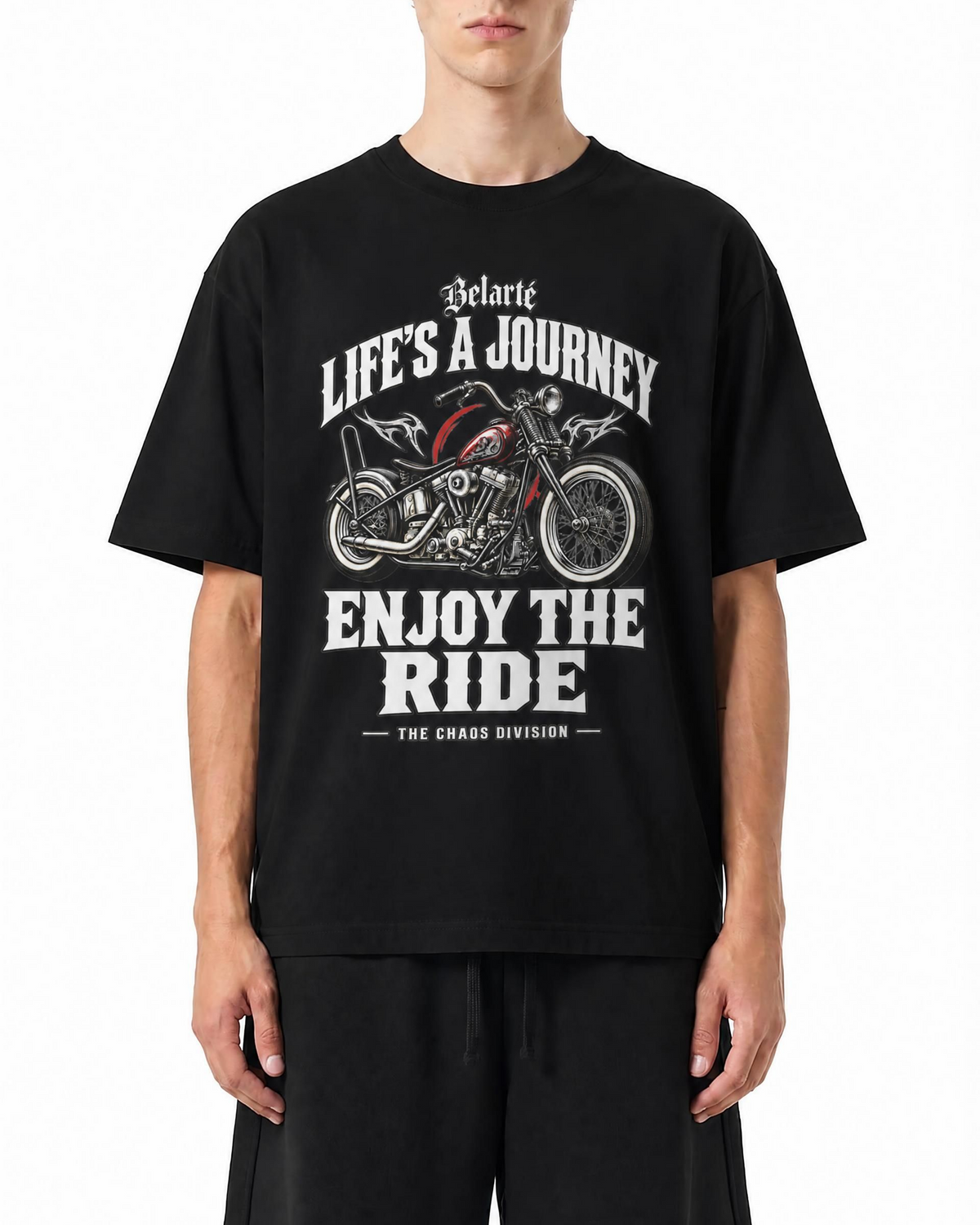 Belarté Enjoy the Ride black motorcycle graphic cotton T-shirt, worn on model