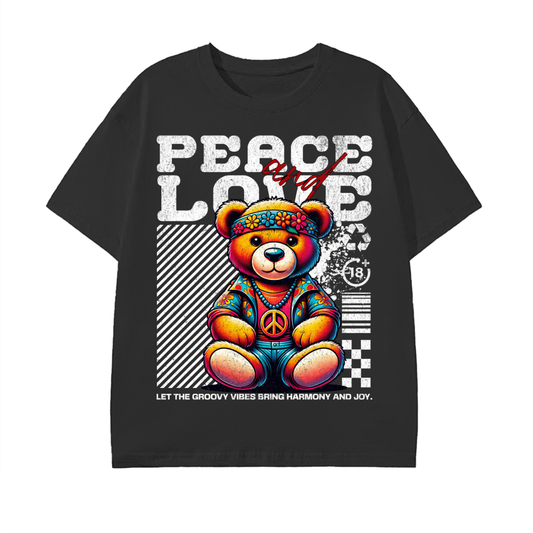 peace and love,retro teddy bear,vintage vibes,colorful streetwear,groovy fashion,hippie style,retro aesthetic,cool graphic shirt,70s inspired,peace symbol