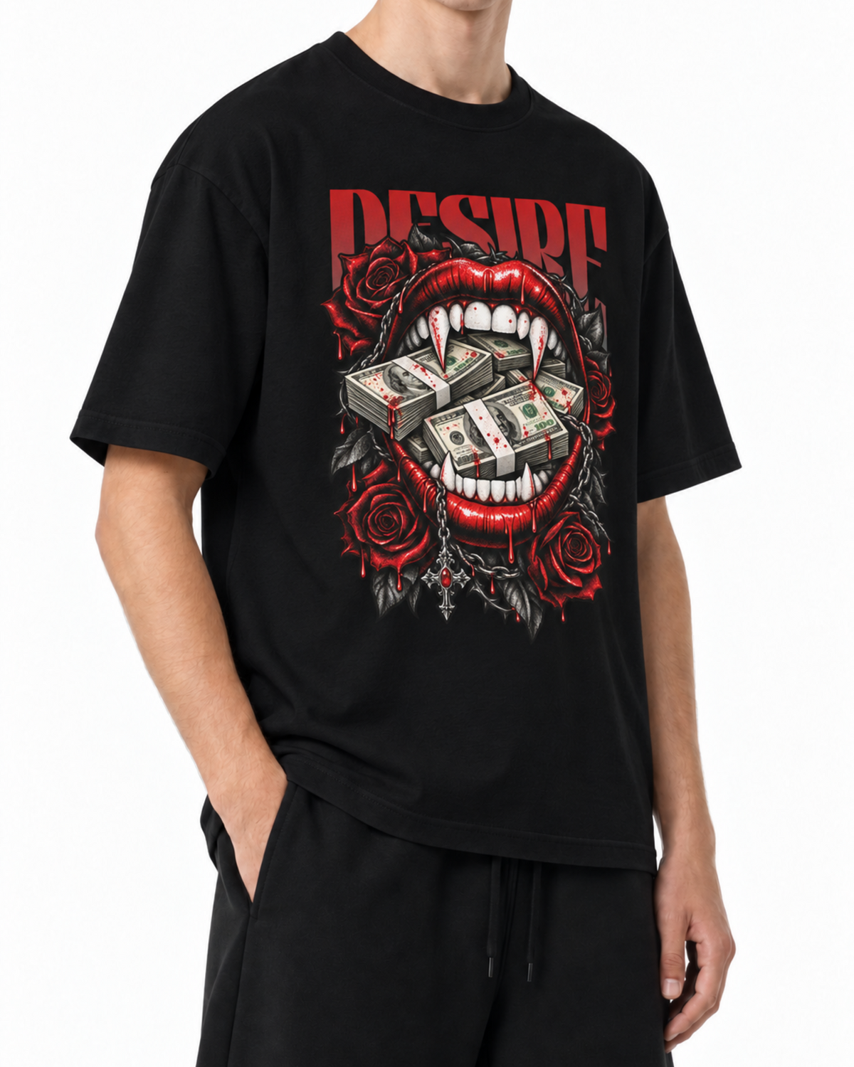 Model wearing the black Belarté Vamp Desire T-shirt with hands in pockets