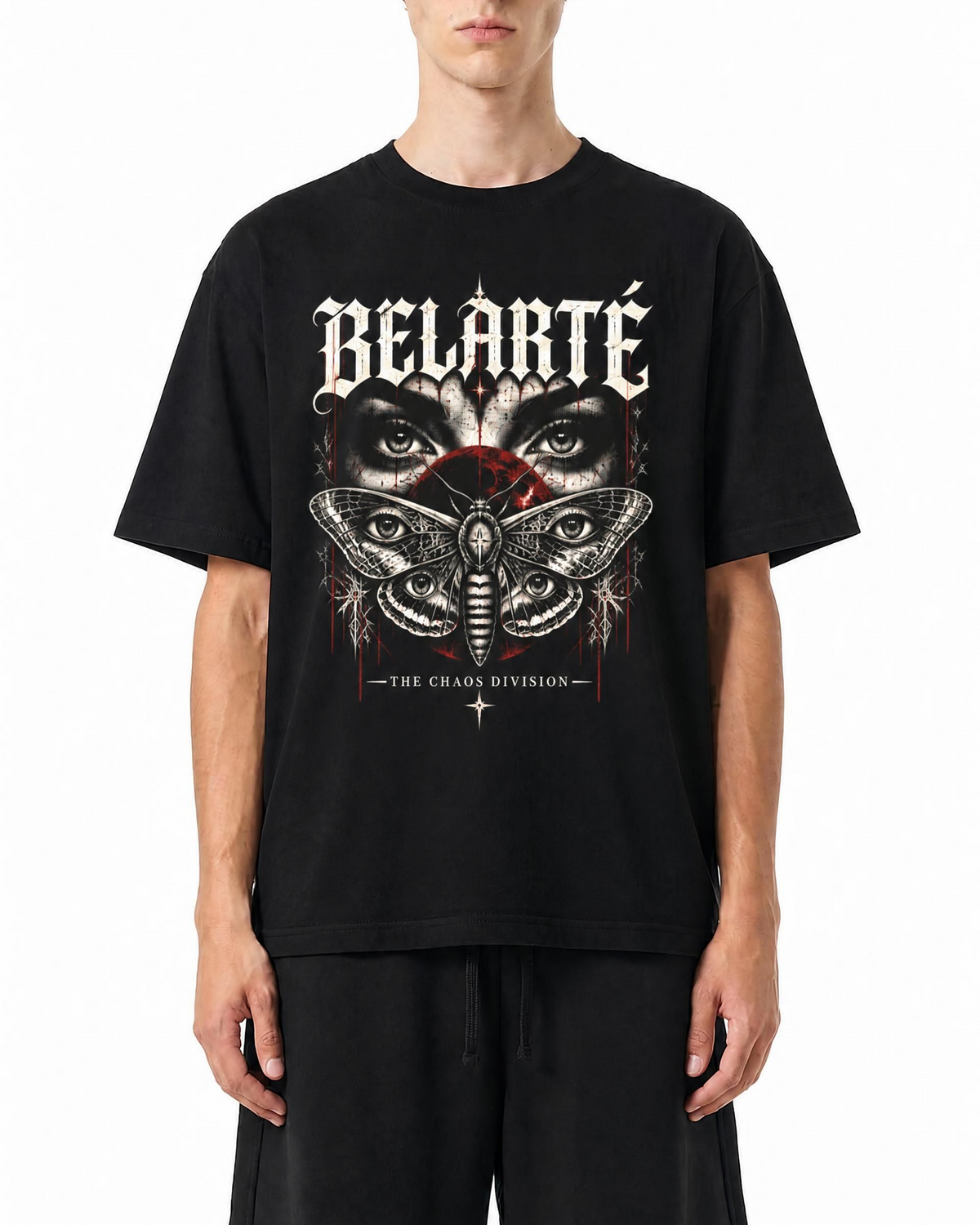 Model wearing the Belarté Chaos Division black moth graphic T-shirt, front view