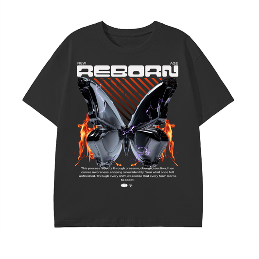 reborn graphic shirt,chrome butterfly tee,y2k streetwear,cyber graphic clothing,graphic street shirt,flame butterfly design,electric butterfly print,unisex street fashion,techwear inspired graphic,modern street style