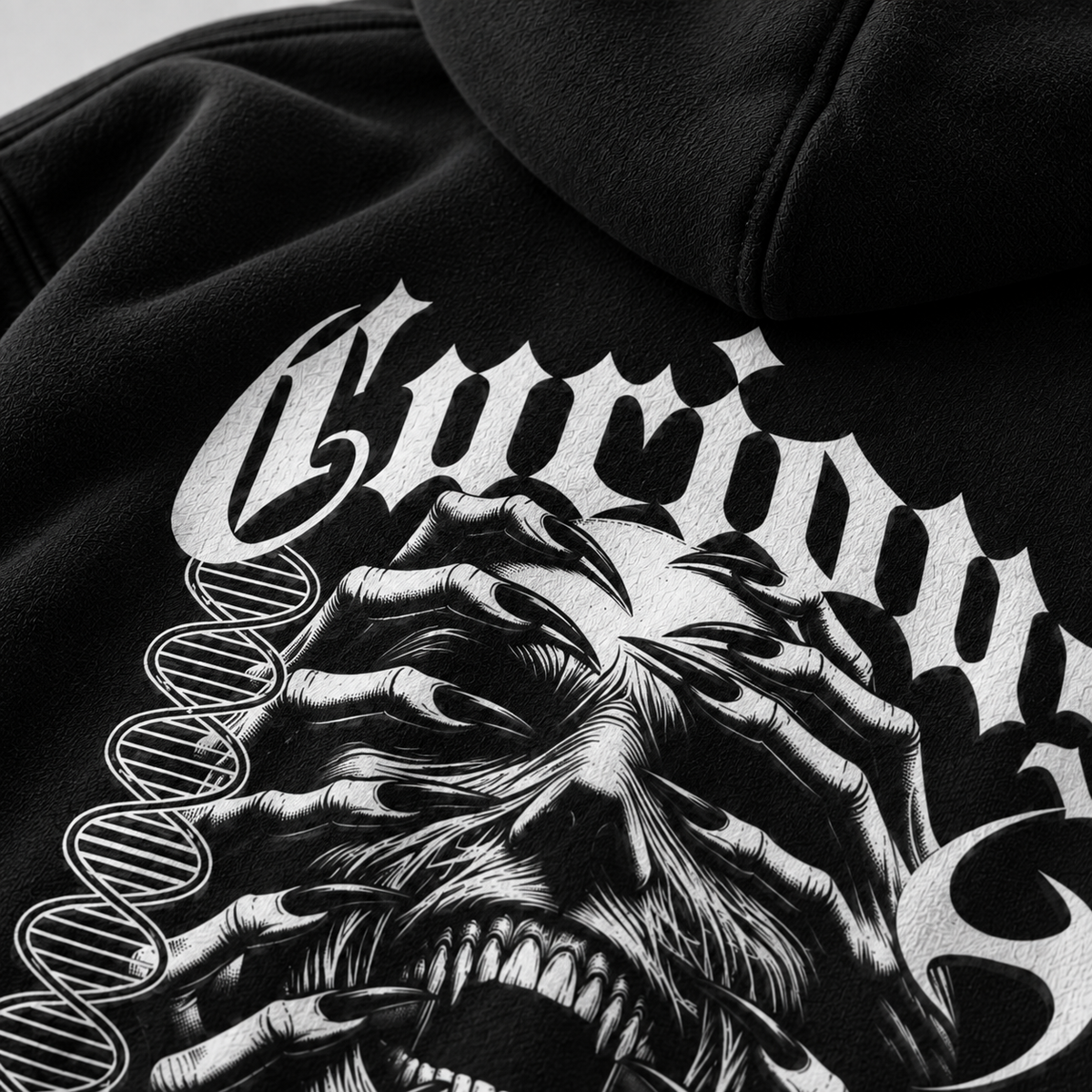 Belarté Curious About Evil black zip hoodie — DTG print and fabric detail