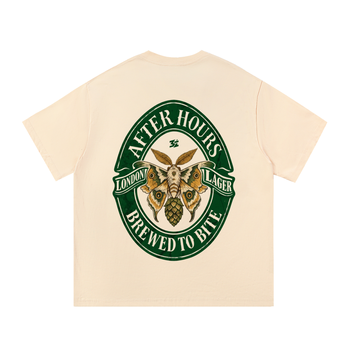 Belarté After Hours London moth graphic cotton T-shirt, Apricot back print