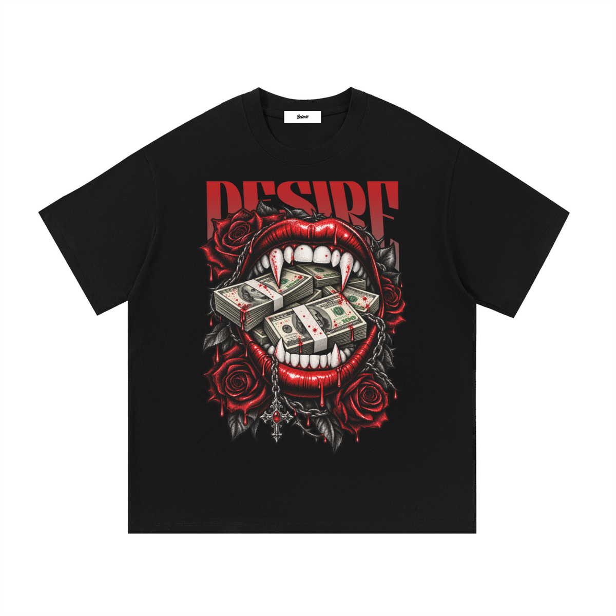 Black Belarté Vamp Desire T-shirt with vampire fangs, banknotes and red roses, front view