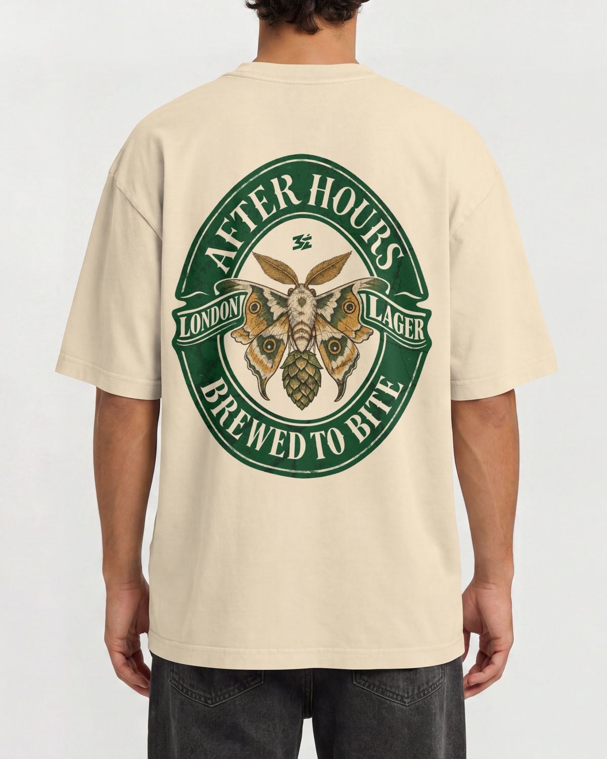 Belarté After Hours London moth graphic cotton T-shirt, Apricot back view on model
