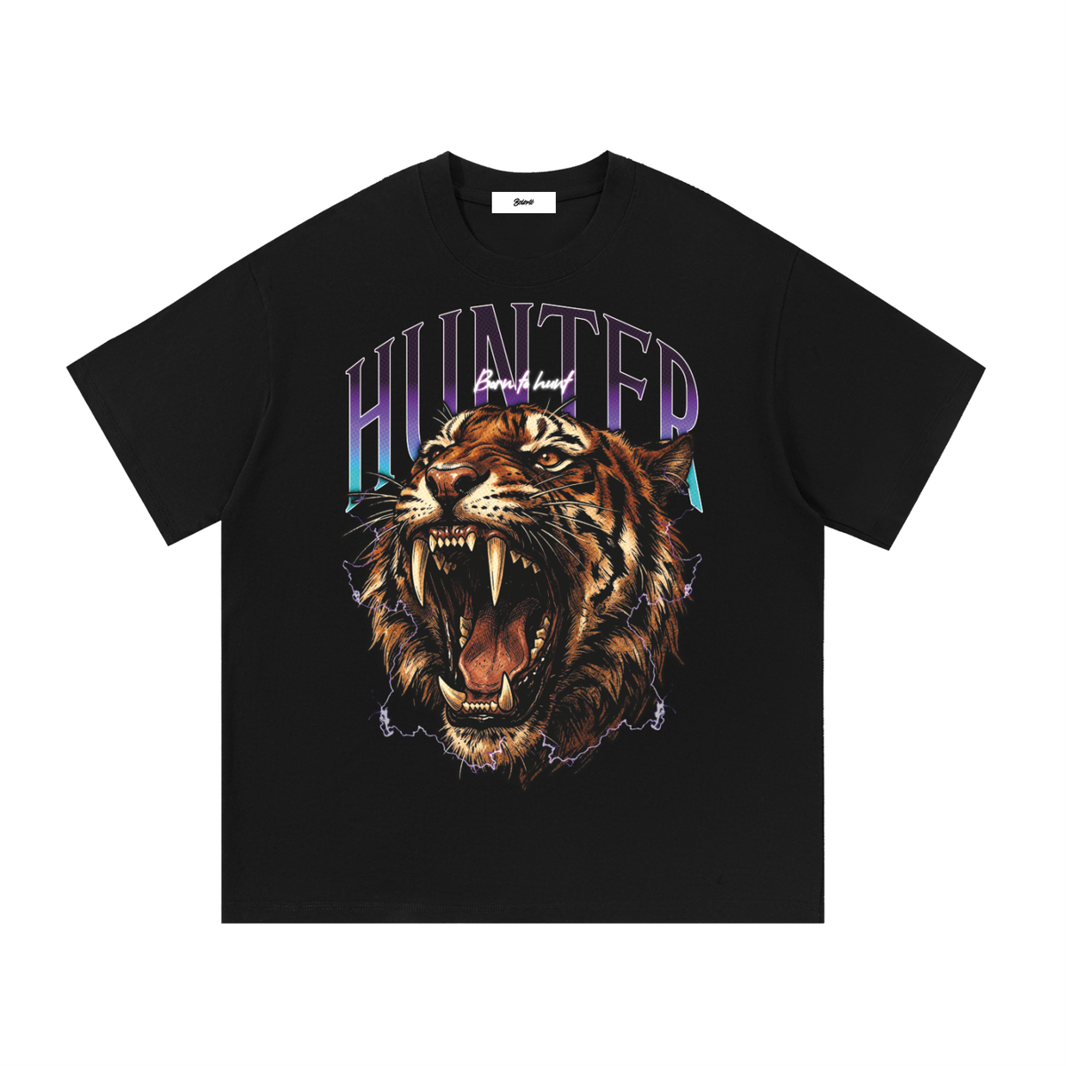 Black Hunter Tiger cotton T-shirt with roaring tiger graphic and gradient HUNTER lettering, front view.