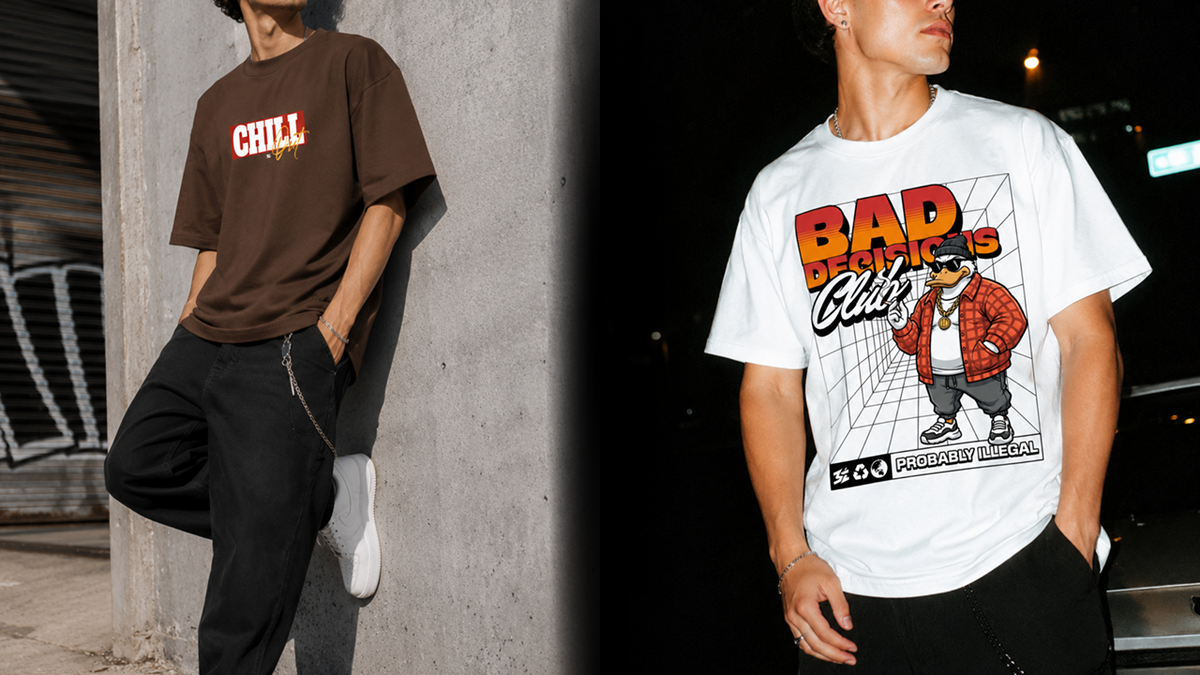 Comparaison entre un T-shirt oversize 260 GSM et un T-shirt graphique regular fit 180 GSM Belarté
