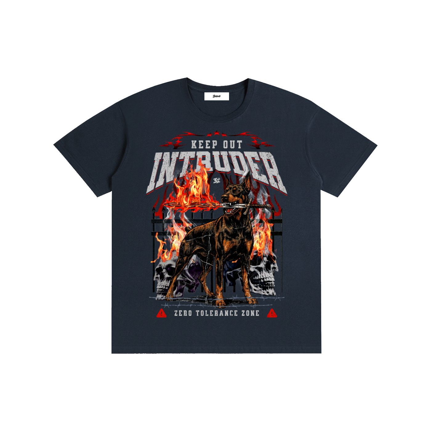 doberman,doberman graphic,doberman streetwear,dark streetwear,flaming sword,guard dog,skull graphic,gothic fashion,edgy apparel,statement graphic