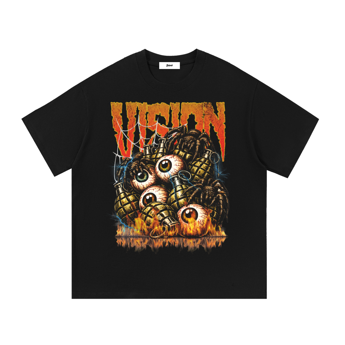 Black Belarté Vision T-shirt with eye, grenade and flame graphic, front view
