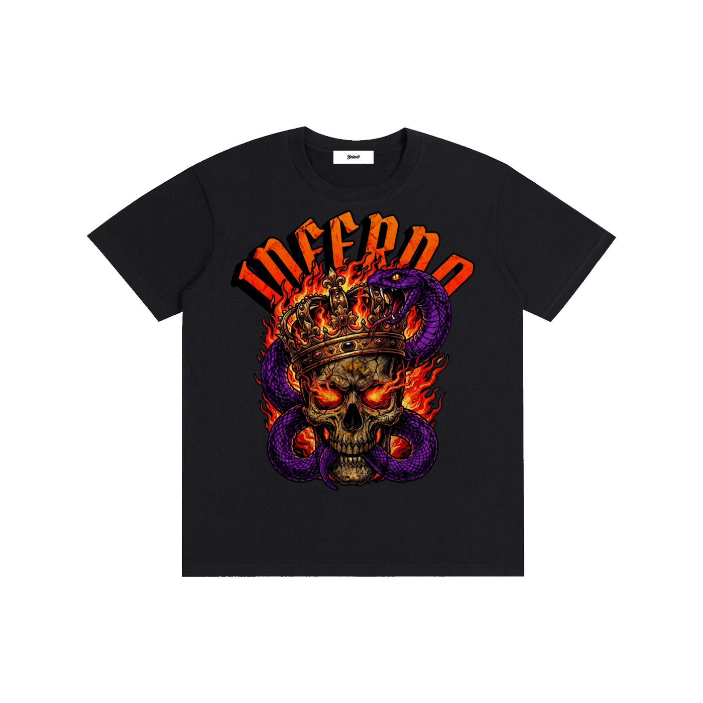 inferno skull crown,skull graphic,skull streetwear,gothic skull design,snake skull art,flaming skull graphic,dark streetwear design,tattoo style skull,metal aesthetic art,edgy skull illustration