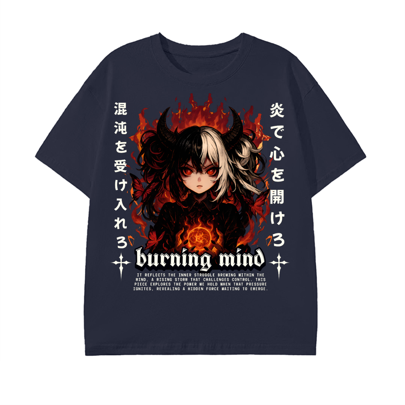 anime graphic,dark streetwear,devil girl art,gothic aesthetic,burning flame design,alt clothing,fire fantasy art,edgy anime style,street fashion tee,japanese art style