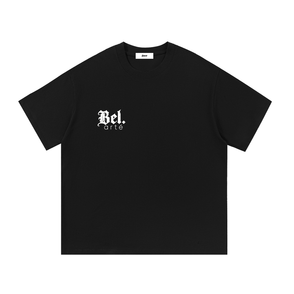 Belarté Chaos Cubes black cotton T-shirt, front with small white chest logo