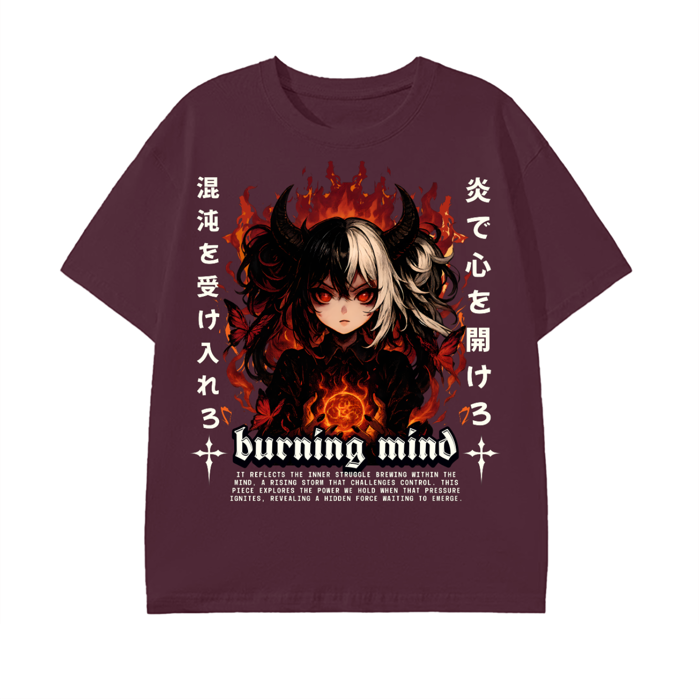 anime graphic,dark streetwear,devil girl art,gothic aesthetic,burning flame design,alt clothing,fire fantasy art,edgy anime style,street fashion tee,japanese art style