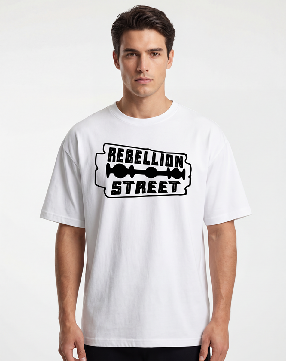 rebellion street graphic,streetwear graphic,urban style shirt,edgy typography design,rebellious fashion,minimalist street art,black white graphic,razor blade style art,bold street design,alternative fashion usa