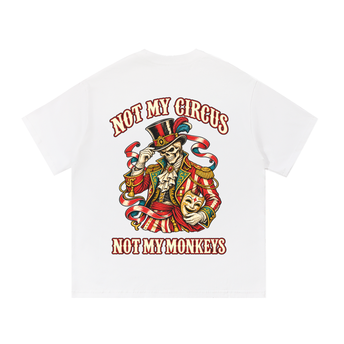 T-shirt Belarté Not My Circus, weiß, Rückseite mit Skelett-Zirkusdirektor