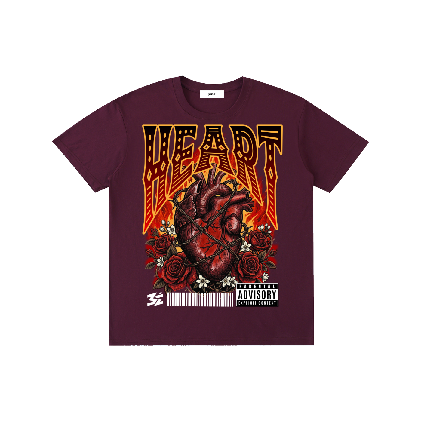 burning heart graphic,burning heart,anatomical heart,flaming heart,barbed wire heart,tattoo style heart,gothic heart design,dark streetwear graphic,rose heart illustration,rock style artwork