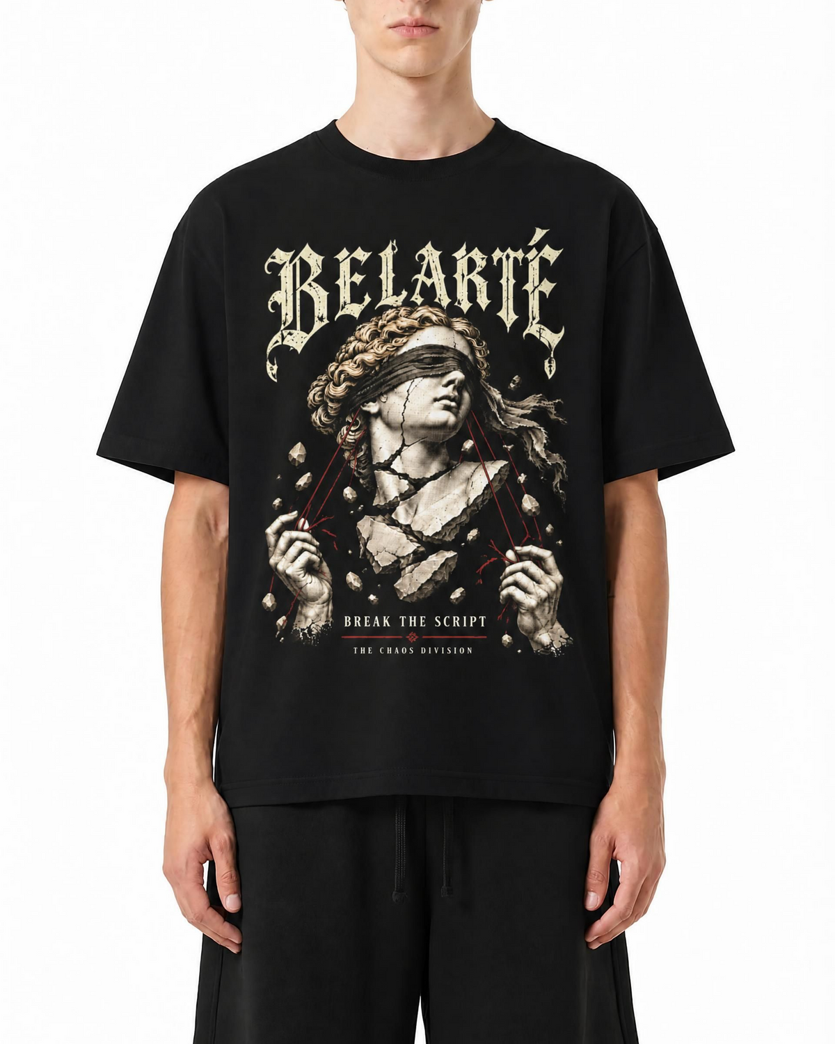 Belarté Break the Script: Model wearing the black graphic T-shirt, front view