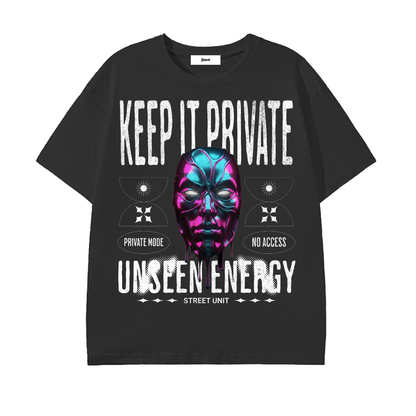 chrome mask shirt,keep it private shirt,metallic mask graphic,neon chrome art tee,privacy streetwear,private mode shirt,low profile street style,cyber street shirt,street unit clothing,unseen energy tee