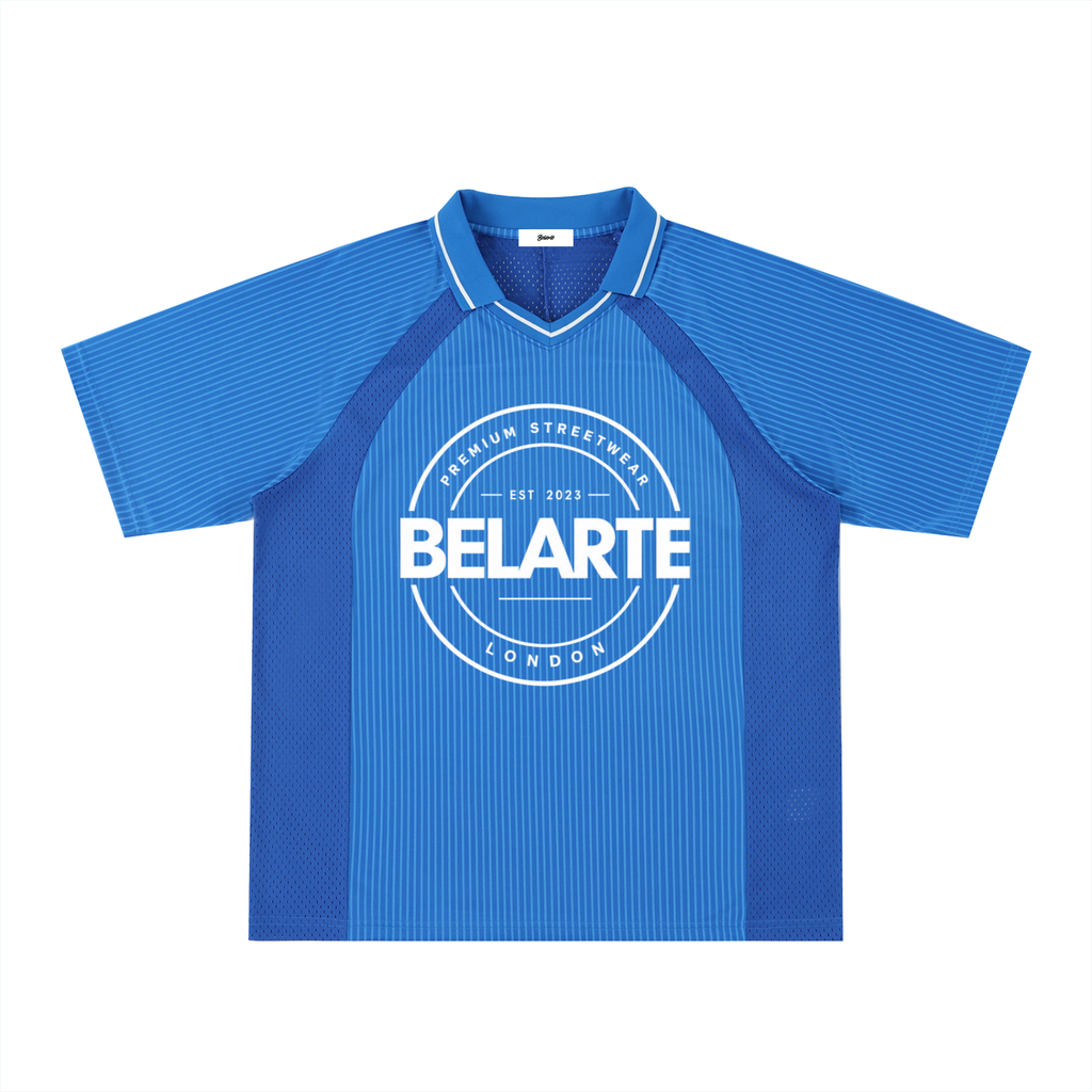 Gestreiftes Belarté London Fußballtrikot — blau, Vorderseite mit rundem weißem Logo
