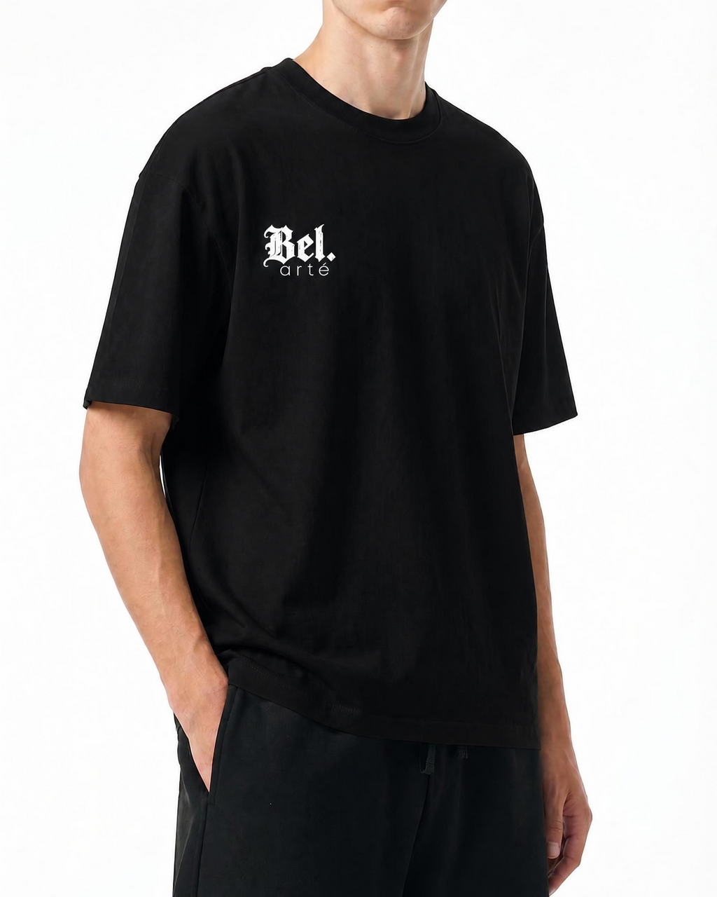 Belarté Chaos Cubes black cotton T-shirt, angled front view on model