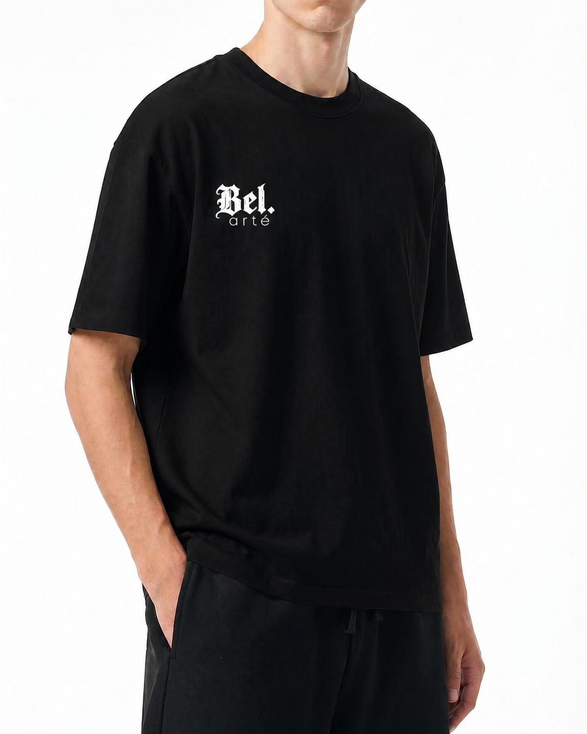 Belarté Chaos Cubes black cotton T-shirt, angled front view on model