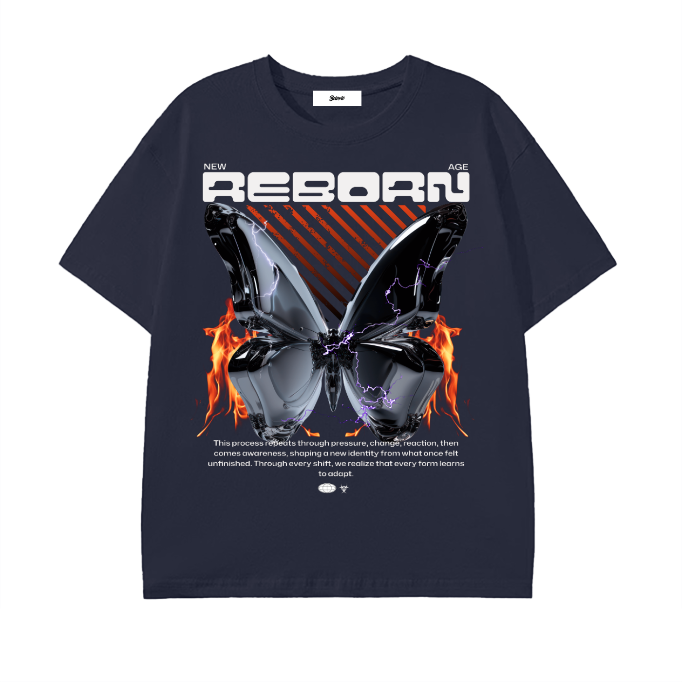 reborn graphic shirt,chrome butterfly tee,y2k streetwear,cyber graphic clothing,graphic street shirt,flame butterfly design,electric butterfly print,unisex street fashion,techwear inspired graphic,modern street style