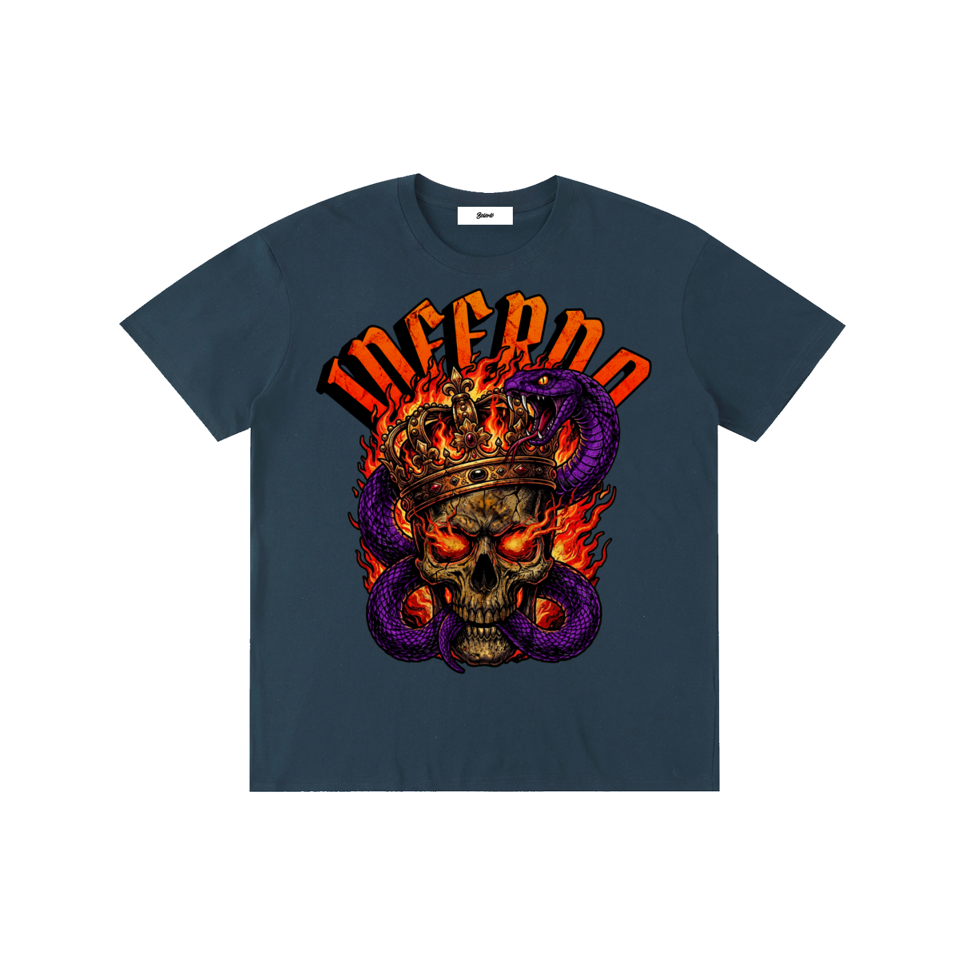 inferno skull crown,skull graphic,skull streetwear,gothic skull design,snake skull art,flaming skull graphic,dark streetwear design,tattoo style skull,metal aesthetic art,edgy skull illustration