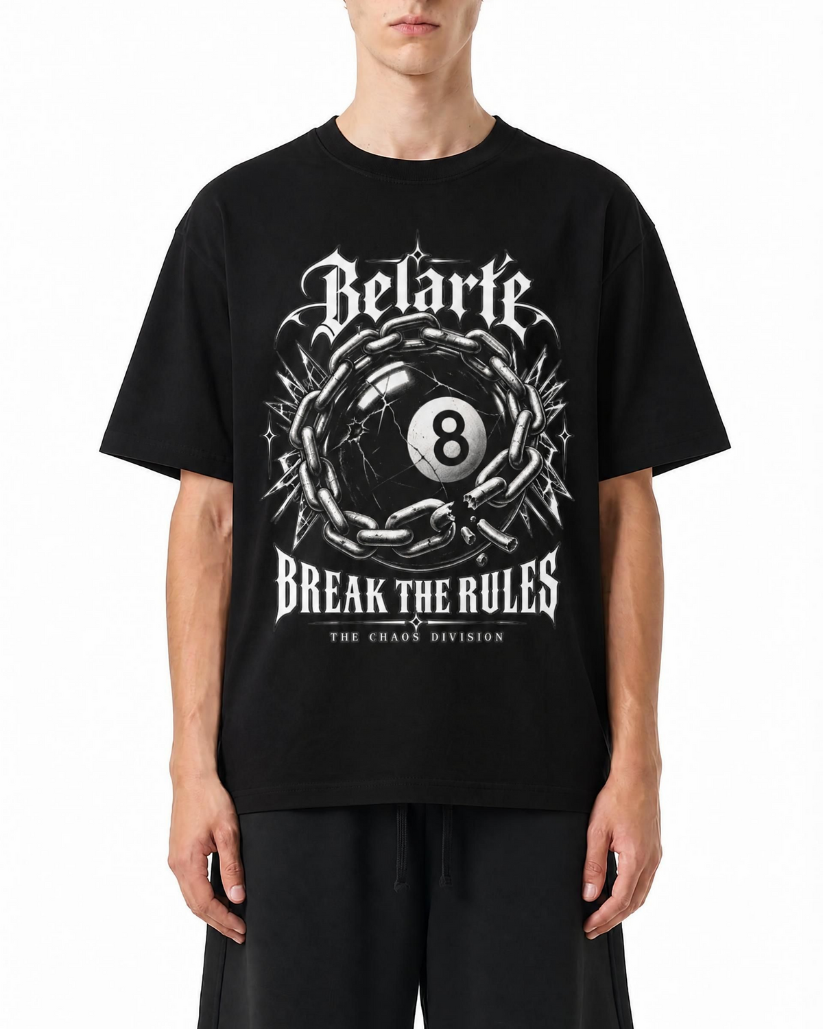 Belarté Break the Rules black 8 ball graphic cotton T-shirt, worn on model