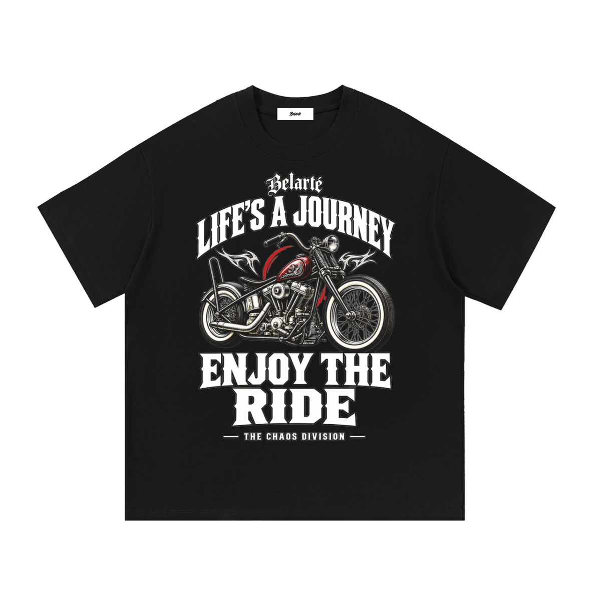 Belarté Enjoy the Ride black motorcycle graphic cotton T-shirt, front view