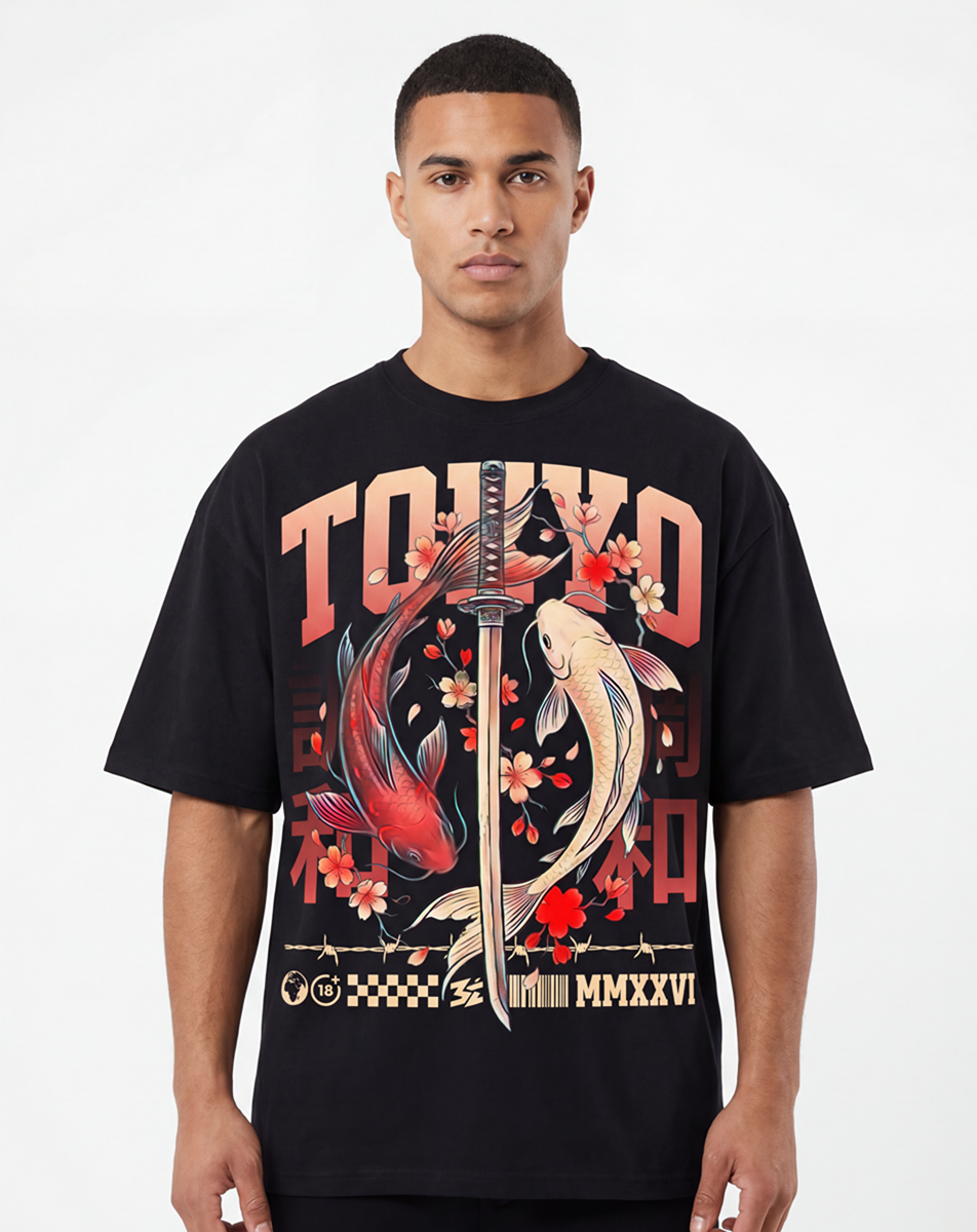 tokyo koi samurai,koi fish art,japanese streetwear,samurai sword art,yin yang koi,japanese aesthetic,asian art design,koi fish shirt,streetwear graphic,modern japan art