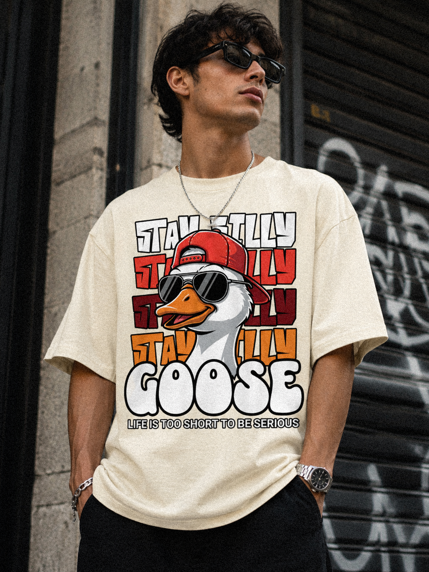 funny goose graphic,cartoon goose art,playful streetwear,humorous graphic design,animal illustration,street culture art,novelty fashion graphic,expressive style,graphic statement,casual street vibe