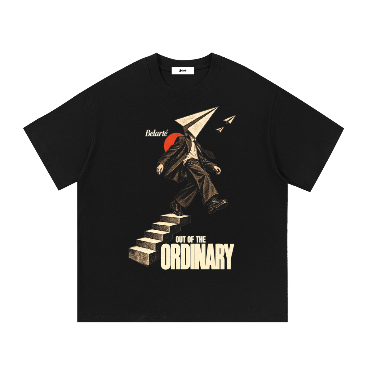 Belarté Out of the Ordinary black cotton graphic T-shirt, front print with paper planes and floating stairs