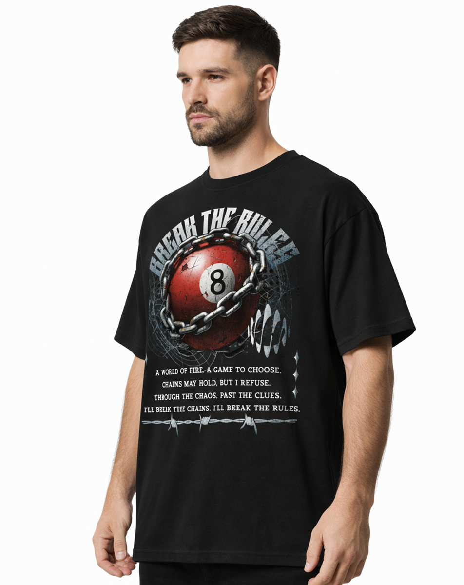 8 ball graphic,break the rules,chain illustration,rebellion design,streetwear graphic,billiards art,bold statement apparel,edgy graphic,urban fashion art,underground style