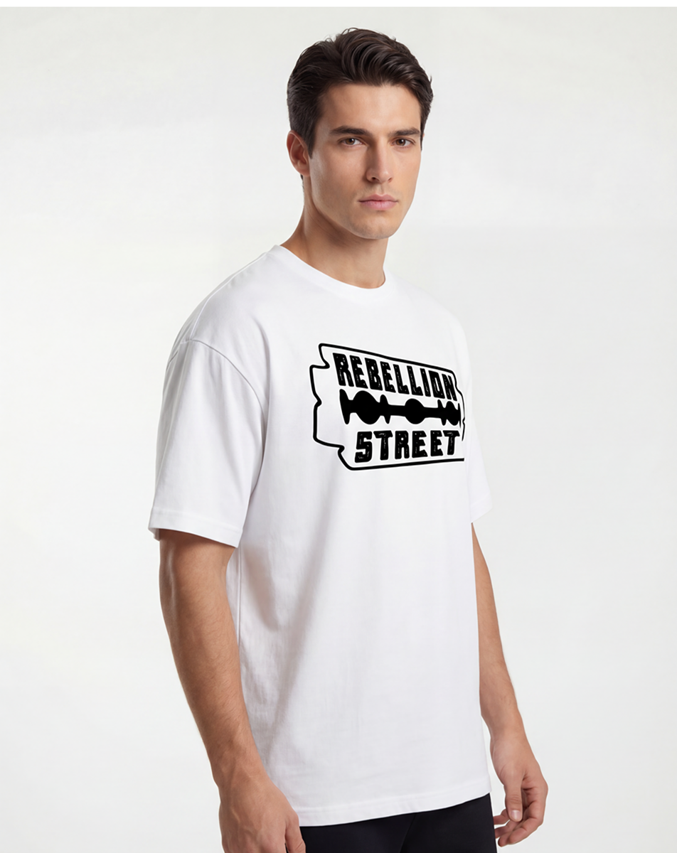 rebellion street graphic,streetwear graphic,urban style shirt,edgy typography design,rebellious fashion,minimalist street art,black white graphic,razor blade style art,bold street design,alternative fashion usa