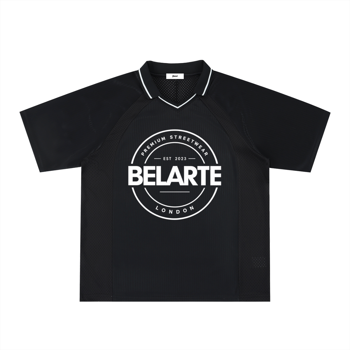 Gestreiftes Belarté London Fußballtrikot — schwarz, Vorderseite mit rundem weißem Logo