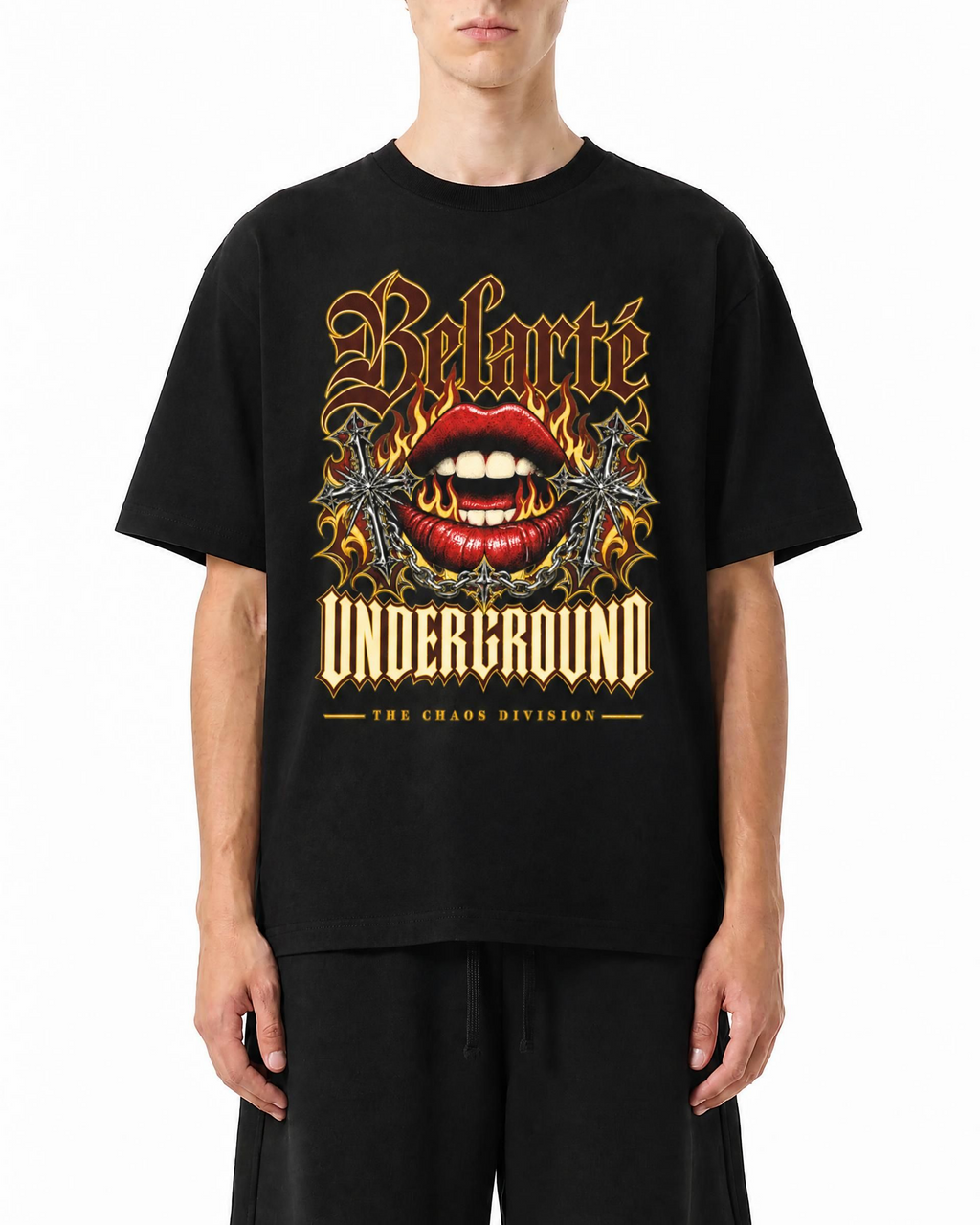 Belarté Underground black lips graphic cotton T-shirt, worn on model