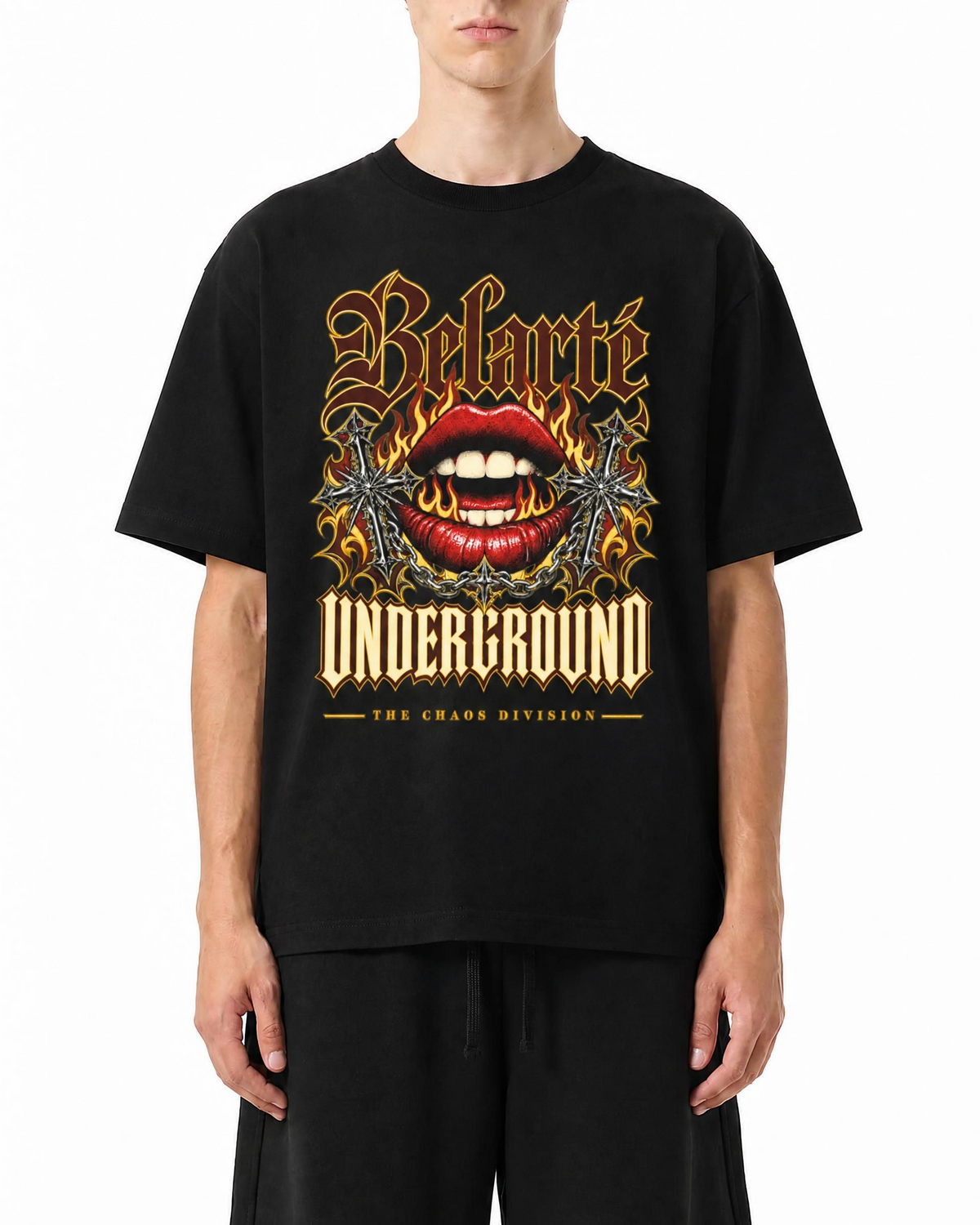 Belarté Underground black lips graphic cotton T-shirt, worn on model