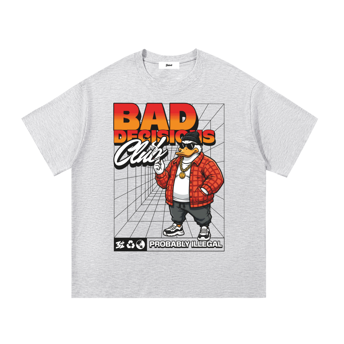 Hellgraues Belarté Bad Decisions Club T-Shirt mit Comic-Ente, Vorderseite