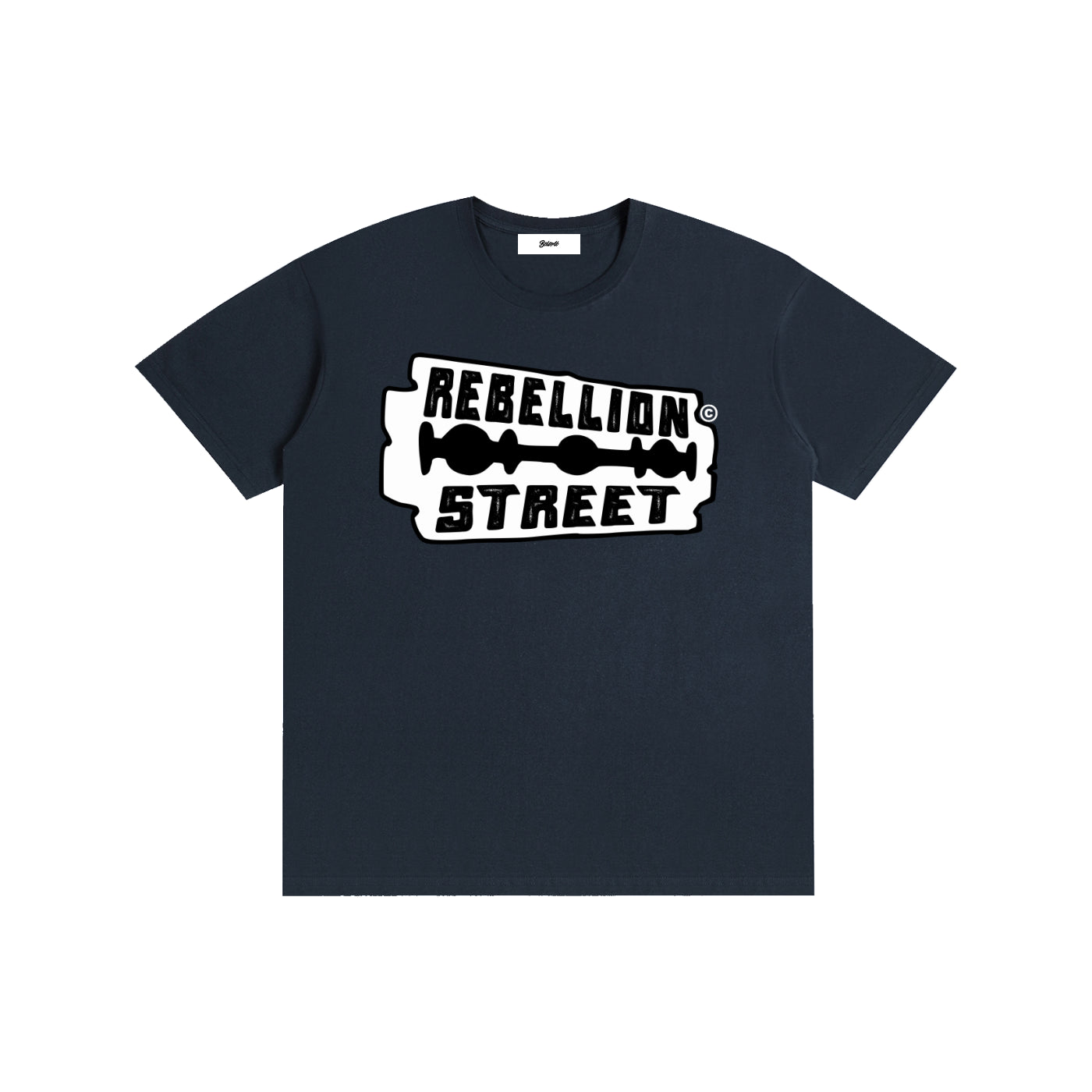 rebellion street graphic,streetwear graphic,urban style shirt,edgy typography design,rebellious fashion,minimalist street art,black white graphic,razor blade style art,bold street design,alternative fashion usa