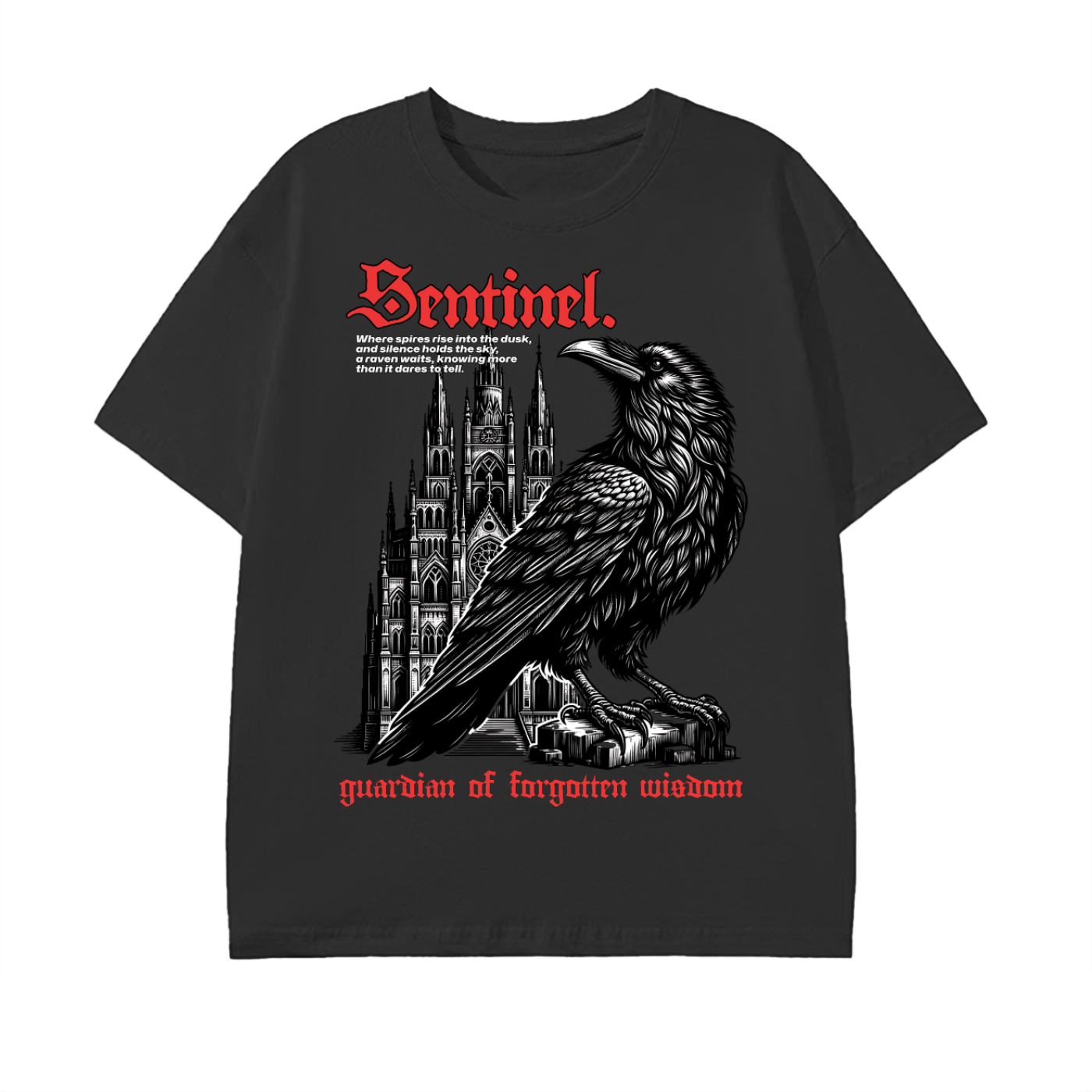 gothic raven,dark art fashion,cathedral design,mysterious vibe,fantasy streetwear,black raven print,gothic aesthetic,occult inspired,dark fashion,vintage gothic style