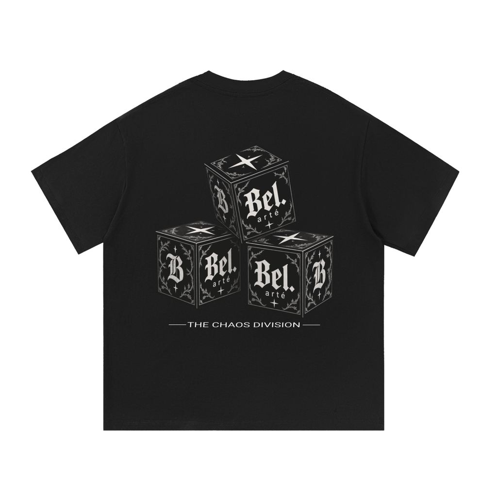 Belarté Chaos Cubes black cotton T-shirt, back print with three gothic cubes