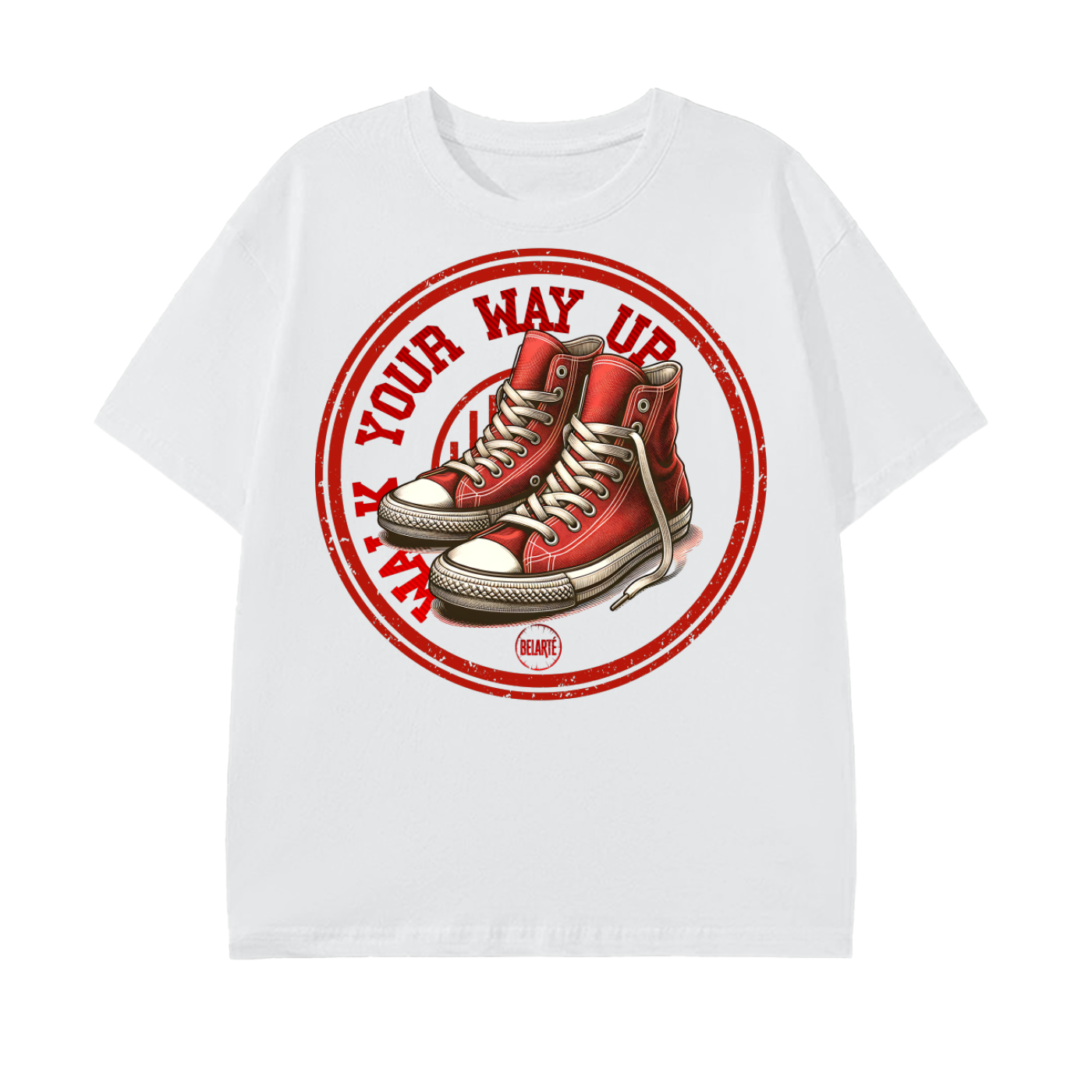 walk your way up,vintage sneakers,red high tops,retro style,streetwear fashion,bold graphic shirt,urban vibes,sneaker lover,timeless design,grunge apparel