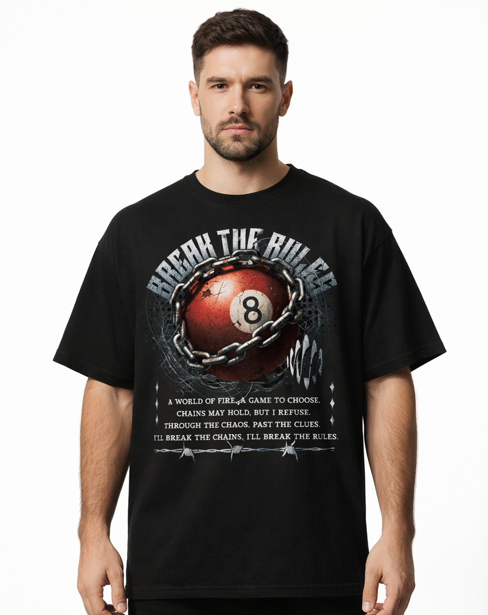 8 ball graphic,break the rules,chain illustration,rebellion design,streetwear graphic,billiards art,bold statement apparel,edgy graphic,urban fashion art,underground style