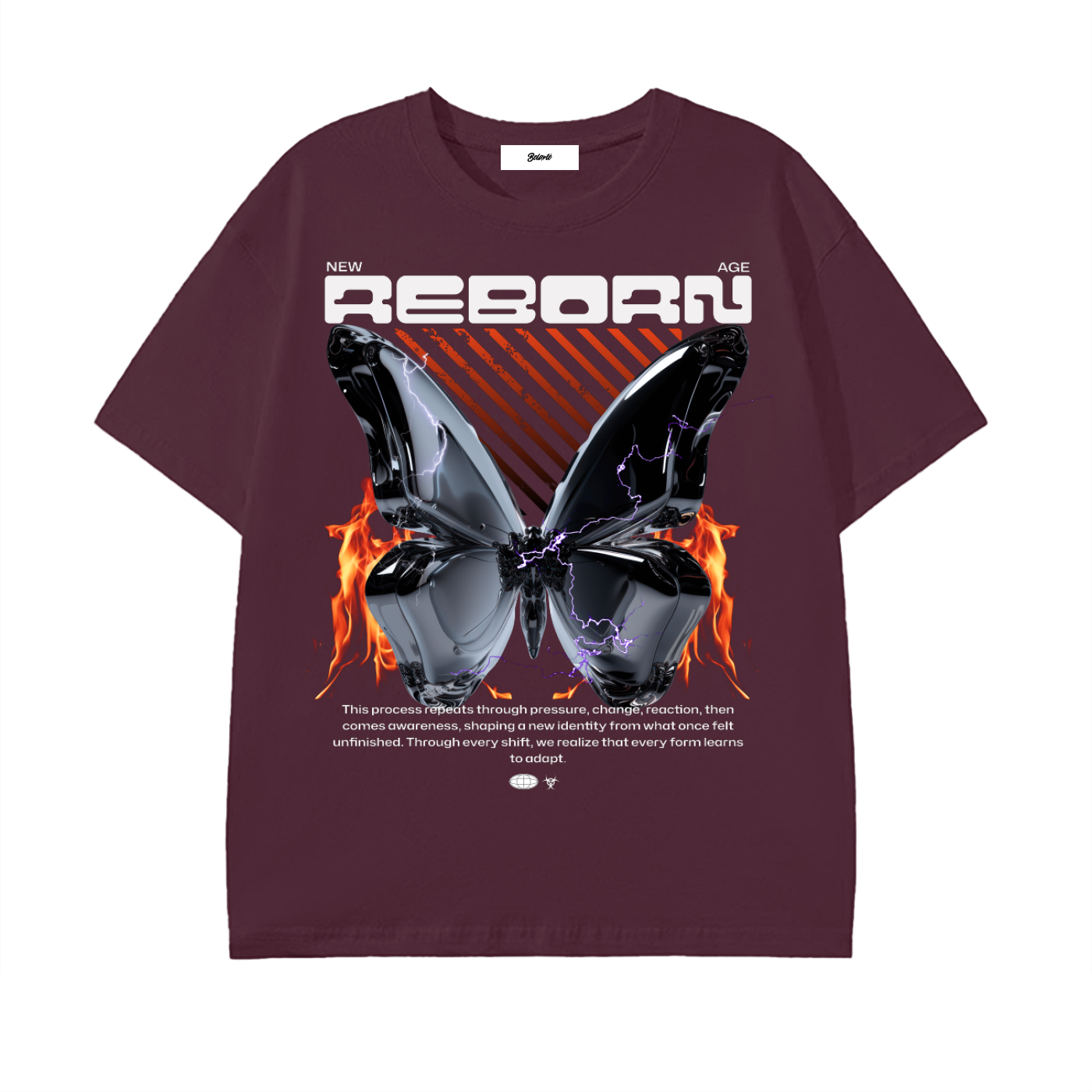 reborn graphic shirt,chrome butterfly tee,y2k streetwear,cyber graphic clothing,graphic street shirt,flame butterfly design,electric butterfly print,unisex street fashion,techwear inspired graphic,modern street style