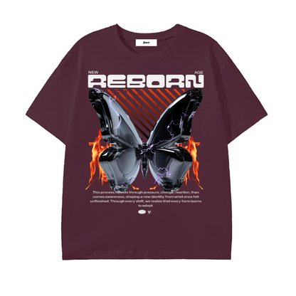 reborn graphic shirt,chrome butterfly tee,y2k streetwear,cyber graphic clothing,graphic street shirt,flame butterfly design,electric butterfly print,unisex street fashion,techwear inspired graphic,modern street style