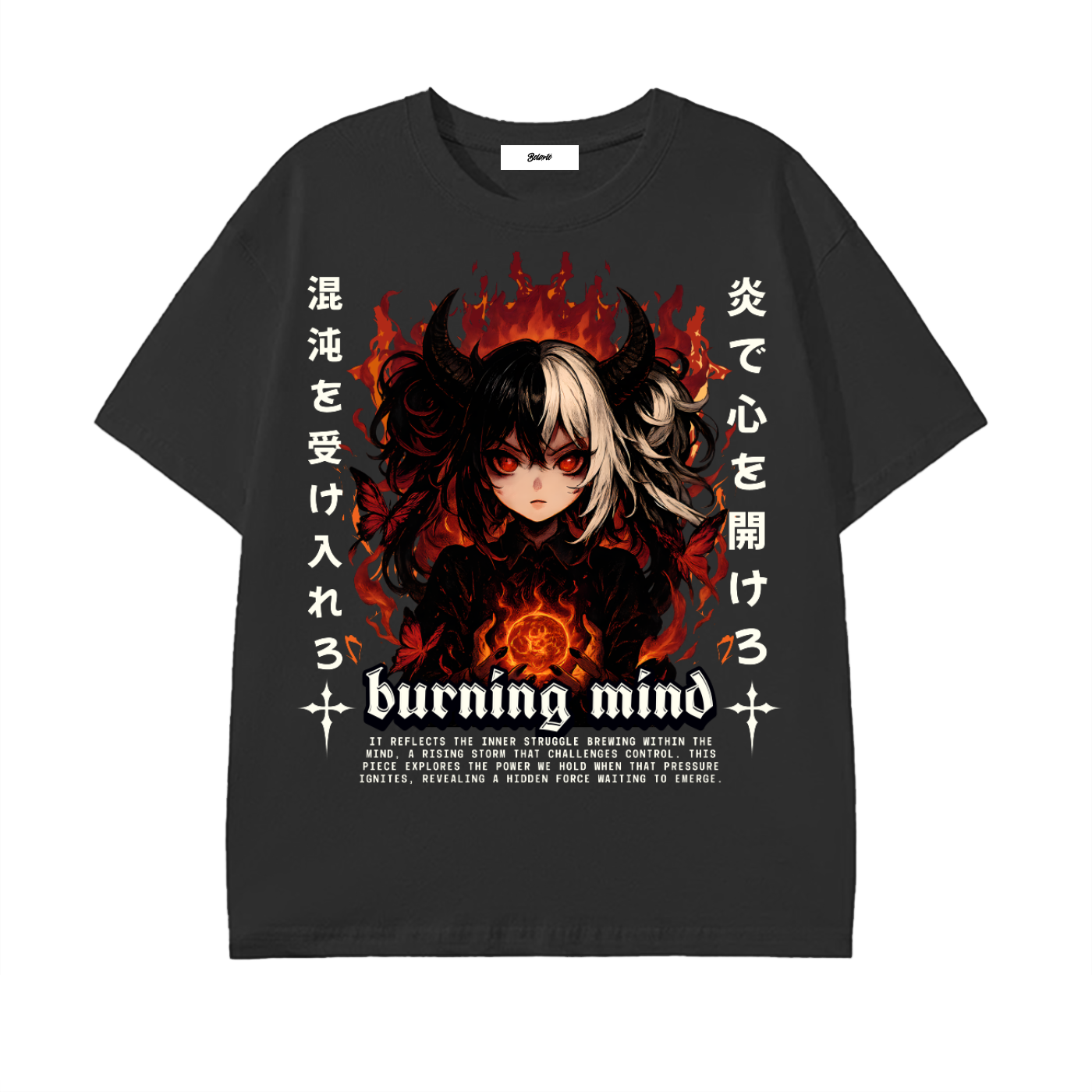 anime graphic,dark streetwear,devil girl art,gothic aesthetic,burning flame design,alt clothing,fire fantasy art,edgy anime style,street fashion tee,japanese art style