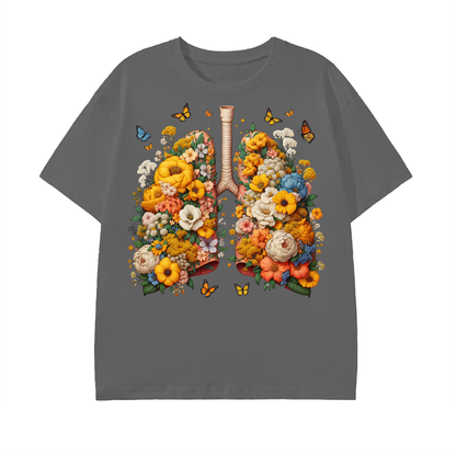 botanical art,floral lungs,nature design,artistic fashion,blooming flowers,symbolic shirt,mindful clothing,butterfly print,eco aesthetic,spring vibe