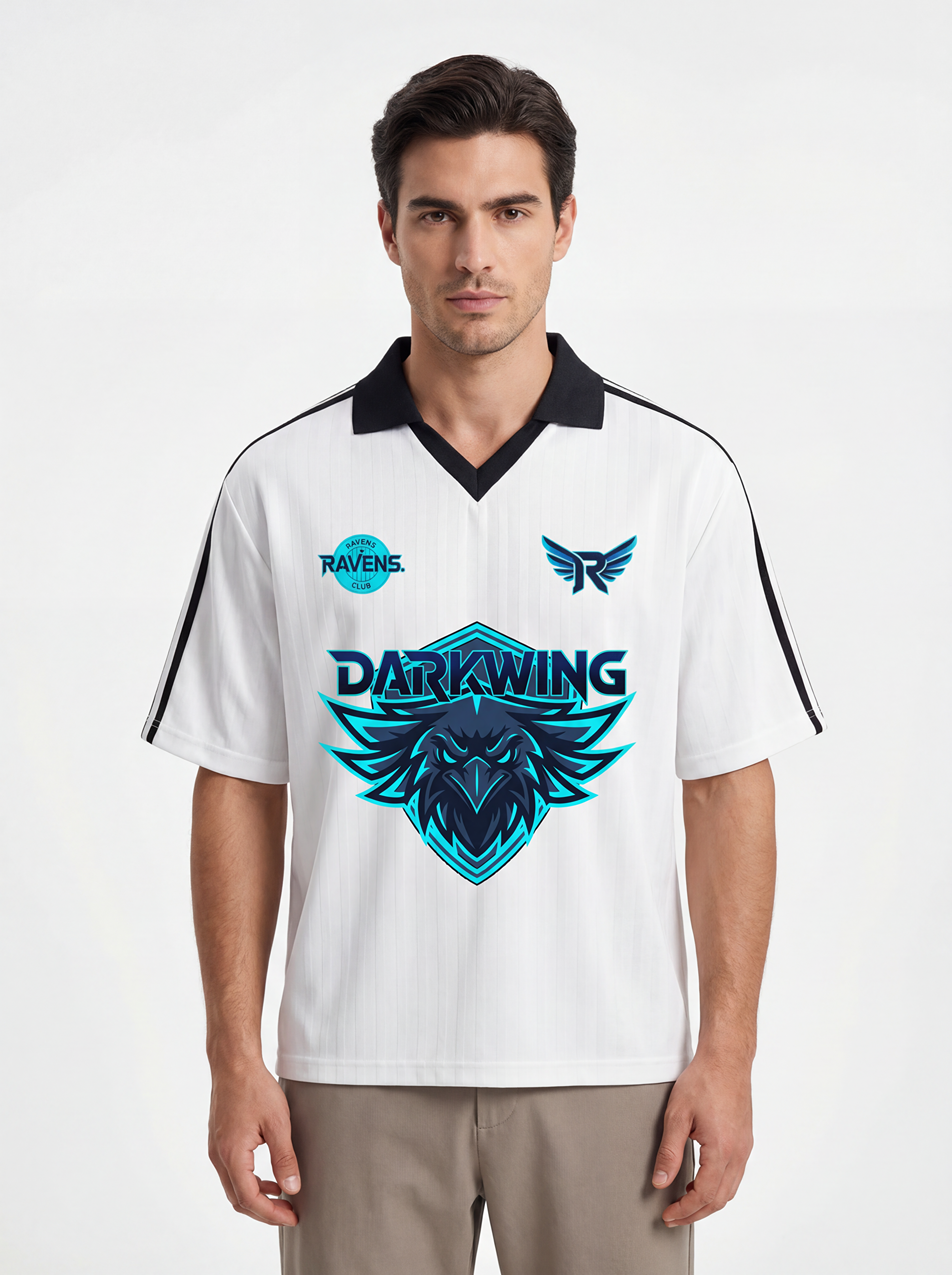 darkwing raven jersey,raven jersey,esports jersey,cyber raven,futuristic streetwear,gaming apparel,neon blue jersey,raven logo,urban fashion,pro gamer style