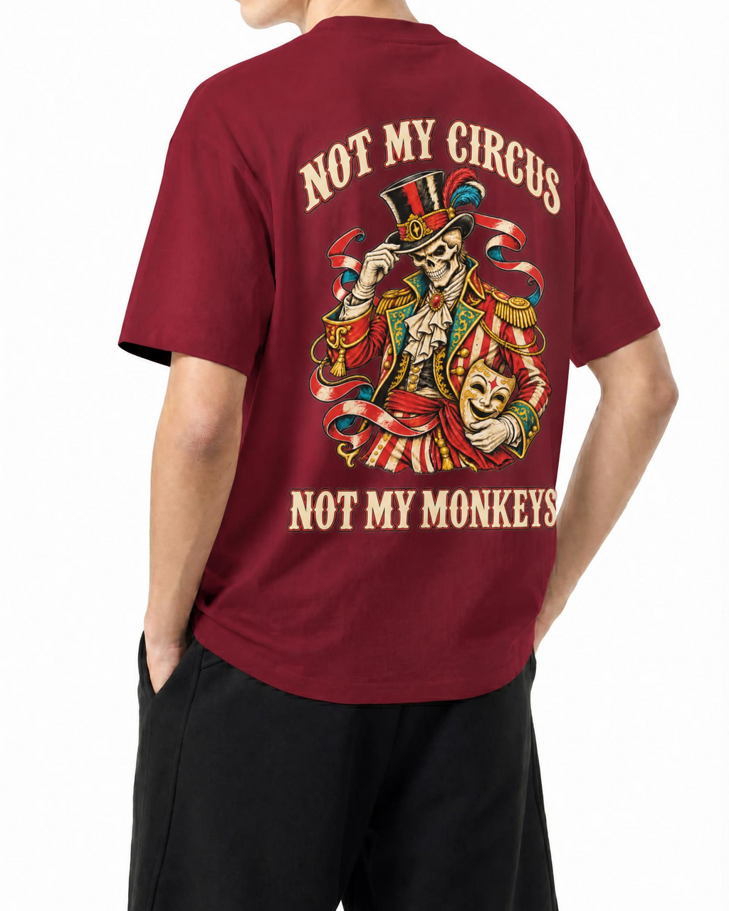 T-shirt Belarté Not My Circus, weinrot, Rückenmotiv am Model